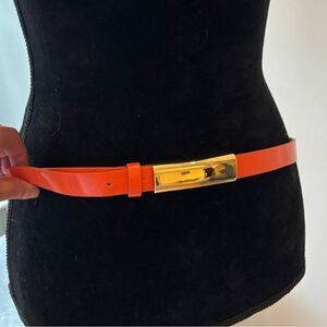 Orange Patent  leather belt with gold rectangular buckle sz 42